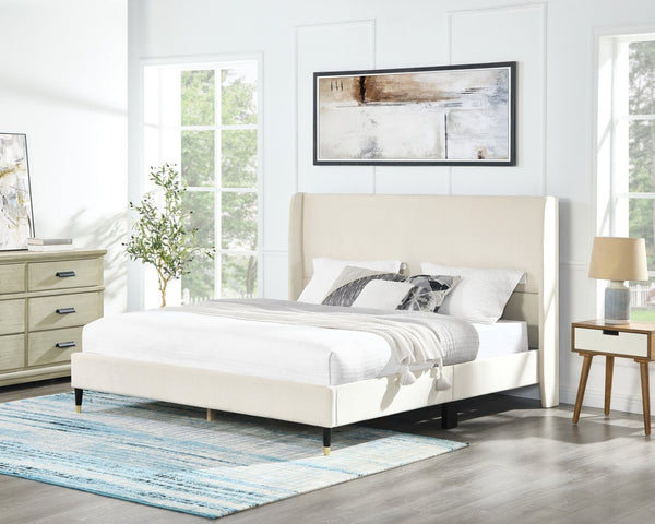English Elm Rozitta Velvet Wingback Queen Platform Bed with Foam Padded Panels and Gold Legs Beige T2574P198388