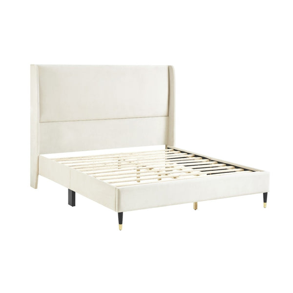 English Elm Rozitta Velvet Wingback Queen Platform Bed with Foam Padded Panels and Gold Legs Beige T2574P198388
