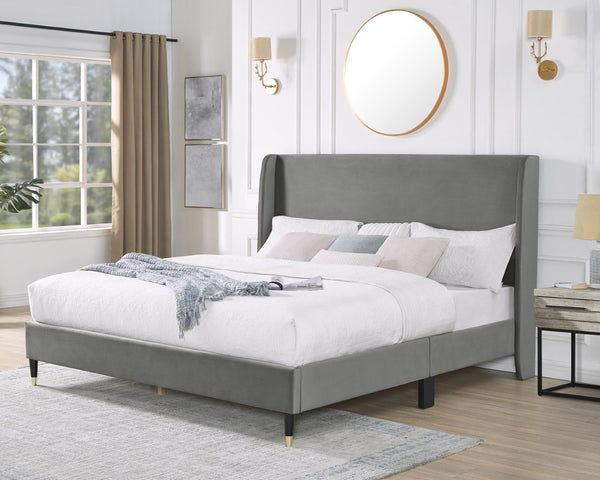 English Elm Rozitta Velvet Wingback Queen Platform Bed with Foam Padded Panels and Gold Legs Gray T2574P198391