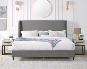 English Elm Rozitta Velvet Wingback Queen Platform Bed with Foam Padded Panels and Gold Legs Gray T2574P198391