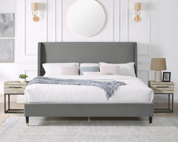 English Elm Rozitta Velvet Wingback Queen Platform Bed with Foam Padded Panels and Gold Legs Gray T2574P198391