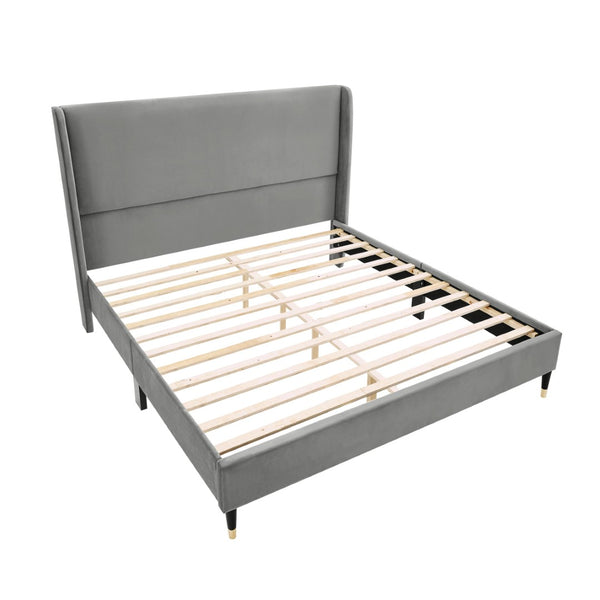 English Elm Rozitta Velvet Wingback Queen Platform Bed with Foam Padded Panels and Gold Legs Gray T2574P198391