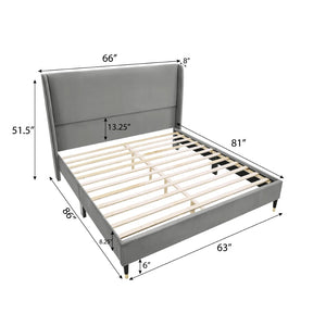 English Elm Rozitta Velvet Wingback Queen Platform Bed with Foam Padded Panels and Gold Legs Gray T2574P198391