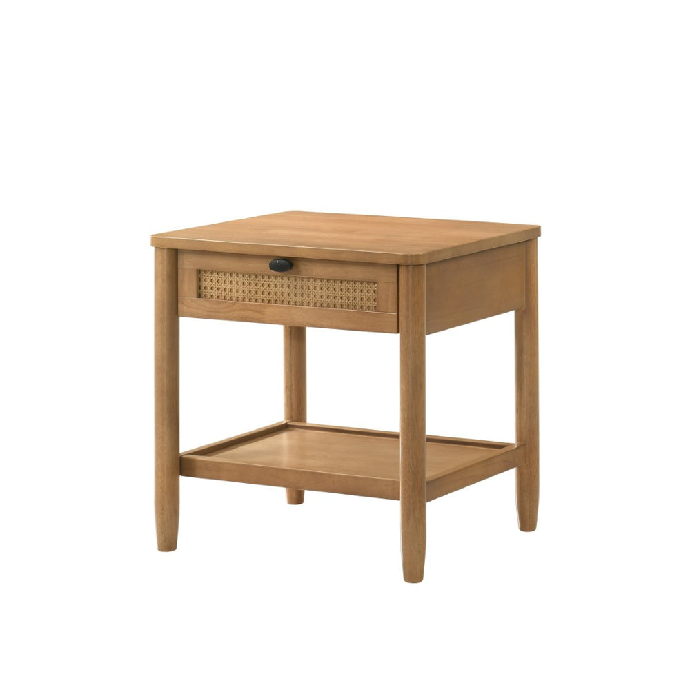 English Elm Vichy Woven Front Nightstand Open Shelf Rubberwood Mid-century Bedroom Storage T2574P198402