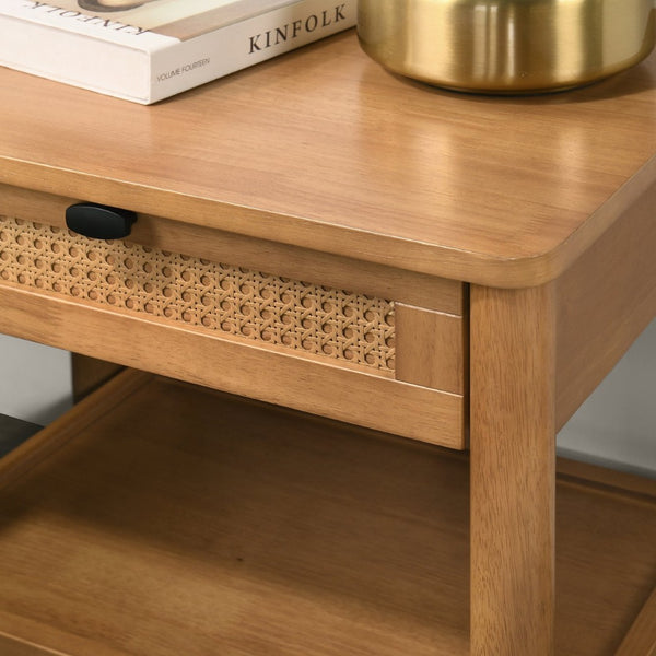 English Elm Vichy Woven Front Nightstand Open Shelf Rubberwood Mid-century Bedroom Storage T2574P198402