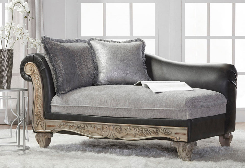 English Elm San Marino Hand-carved Wood Trim Chaise with Two-tone Faux Leather Gray Fabric T2574P198795
