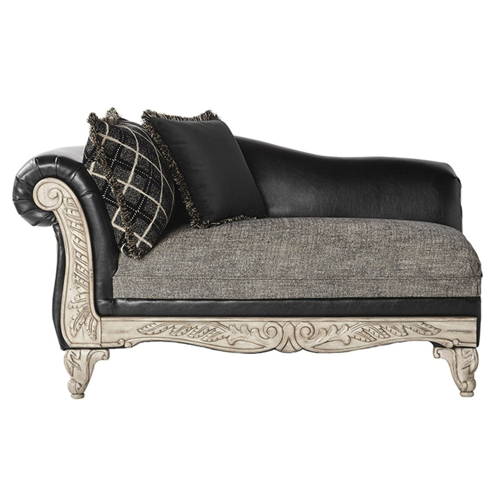 English Elm San Marino Hand-carved Wood Trim Chaise with Two-tone Faux Leather Gray Fabric T2574P198795