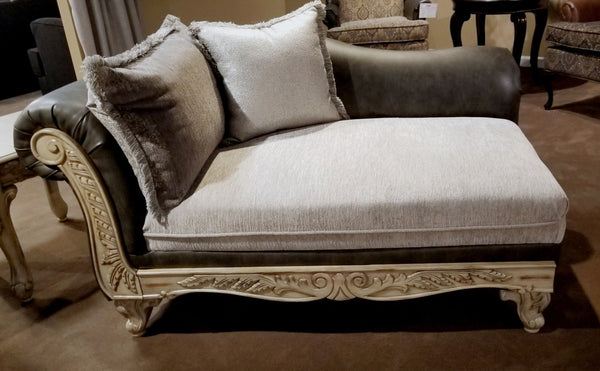 English Elm San Marino Hand-carved Wood Trim Chaise with Two-tone Faux Leather Gray Fabric T2574P198795