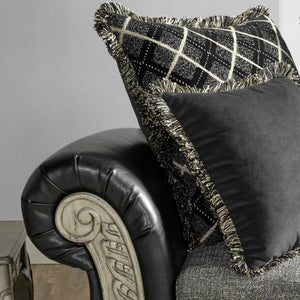 English Elm San Marino Hand-carved Wood Trim Chaise with Two-tone Faux Leather Gray Fabric T2574P198795