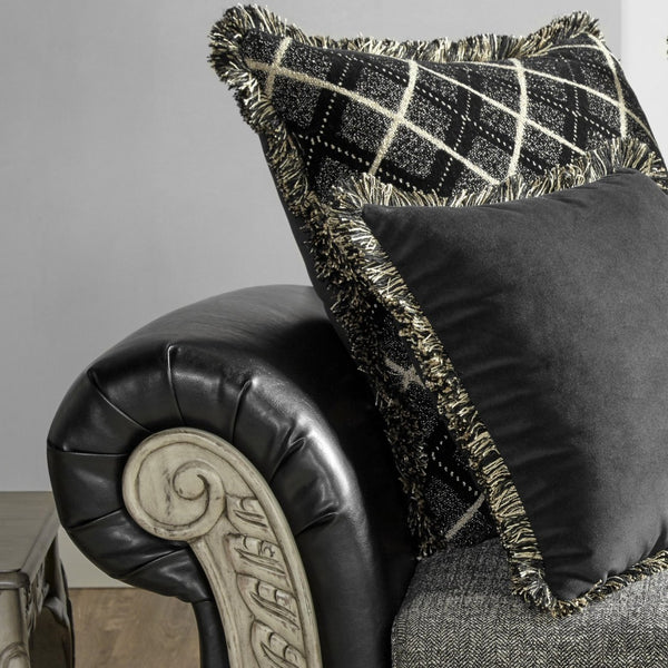 English Elm San Marino Hand-carved Wood Trim Chaise with Two-tone Faux Leather Gray Fabric T2574P198795