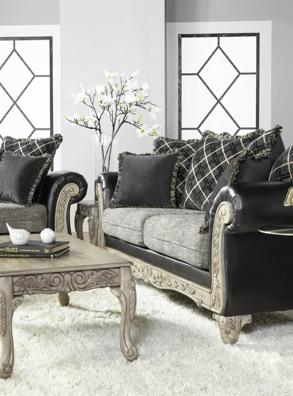 English Elm San Marino Hand-carved Sofa Loveseat and Tables Set Two-tone Faux Leather Living Room T2574P198801