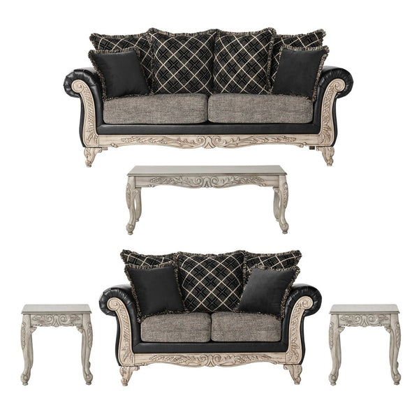 English Elm San Marino Hand-carved Sofa Loveseat and Tables Set Two-tone Faux Leather Living Room T2574P198801