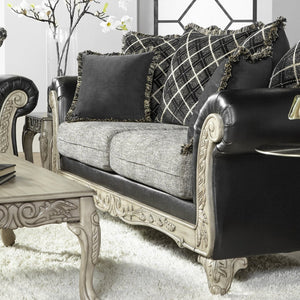 English Elm San Marino Hand-carved Wood Frame Sofa with Two-tone Faux Leather and Gray Fabric T2574P198803
