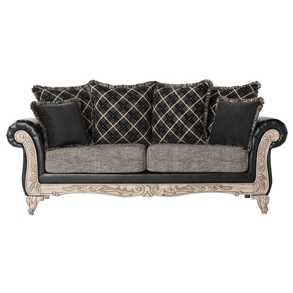 English Elm San Marino Hand-carved Wood Frame Sofa with Two-tone Faux Leather and Gray Fabric T2574P198803