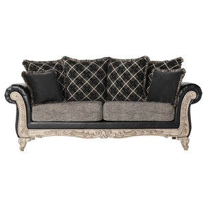 English Elm San Marino Hand-carved Wood Frame Sofa with Two-tone Faux Leather and Gray Fabric T2574P198803