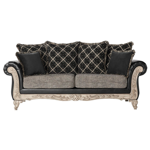 English Elm San Marino Hand-carved Wood Frame Sofa with Two-tone Faux Leather and Gray Fabric T2574P198803