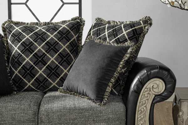 English Elm San Marino Hand-carved Wood Frame Sofa with Two-tone Faux Leather and Gray Fabric T2574P198803