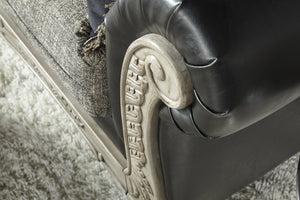 English Elm San Marino Hand-carved Wood Frame Sofa with Two-tone Faux Leather and Gray Fabric T2574P198803
