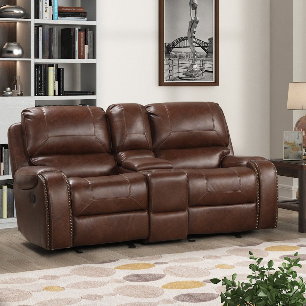 English Elm Achern Club Style Faux Leather Reclining Loveseat with Nailhead Trim and Console T2574P198805