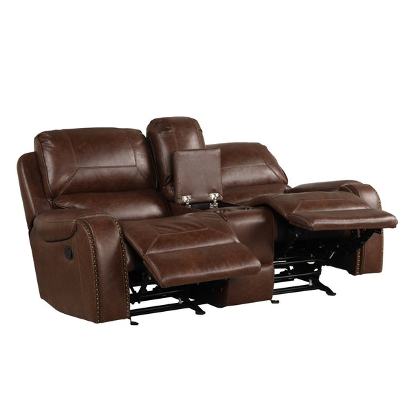 English Elm Achern Club Style Faux Leather Reclining Loveseat with Nailhead Trim and Console T2574P198805