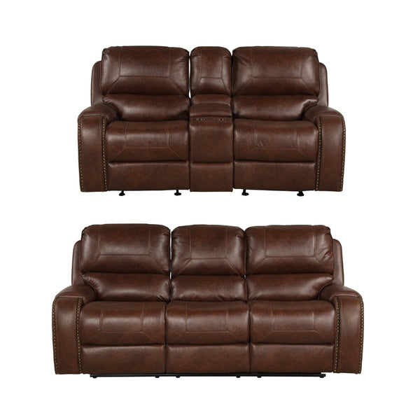 English Elm Achern Faux Leather Nailhead Reclining Sofa Set with Console and Usb Ports T2574P198807