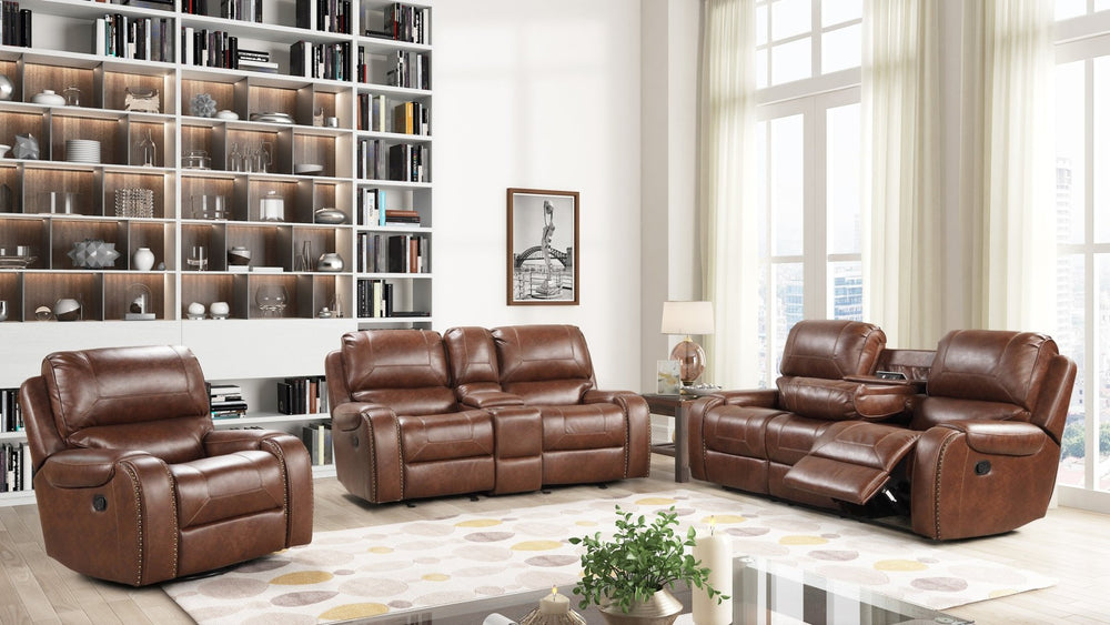 English Elm Achern Faux Leather Nailhead 3 Piece Reclining Sofa Set with Usb Ports T2574P198808