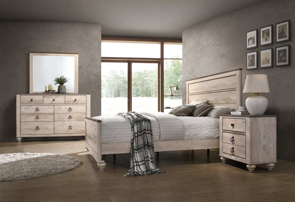 English Elm Imerland Solid Hardwood Queen Bedroom Set Whitewash Finish Crown Molding Bronze Pulls T2574P200186