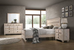 English Elm Imerland Solid Hardwood Queen Bedroom Set Whitewash Finish Crown Molding Bronze Pulls T2574P200186