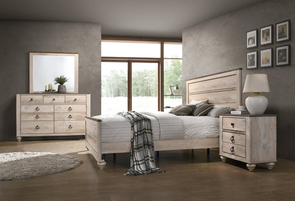 English Elm Imerland Solid Hardwood Queen Bedroom Set Whitewash Finish Crown Molding Bronze Pulls T2574P200186