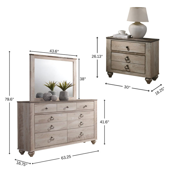 English Elm Imerland Solid Hardwood Queen Bedroom Set Whitewash Finish Crown Molding Bronze Pulls T2574P200186