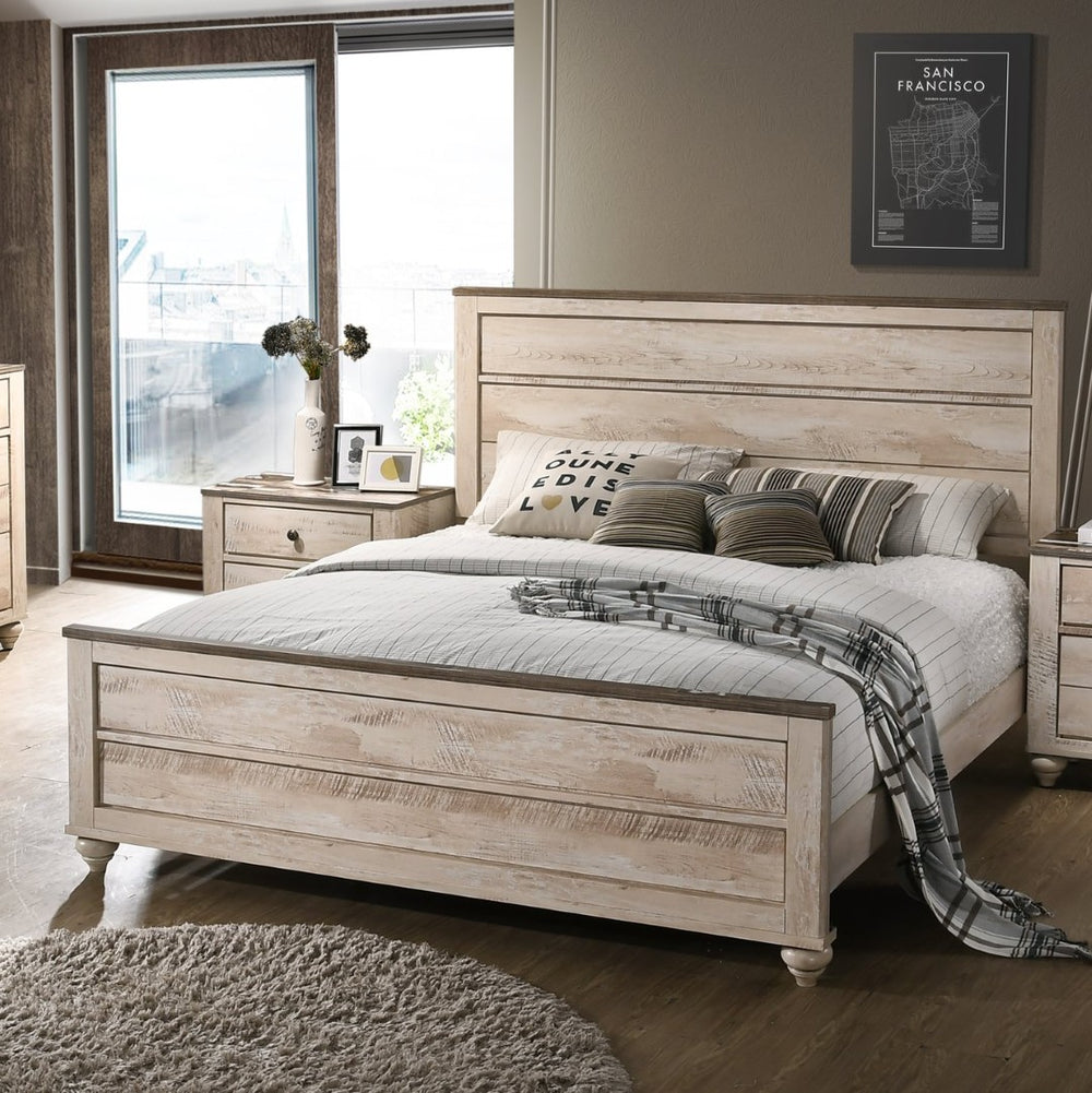 English Elm Imerland Solid Hardwood Queen Bedroom Set Whitewash Finish Crown Molding Bronze Pulls T2574P200186