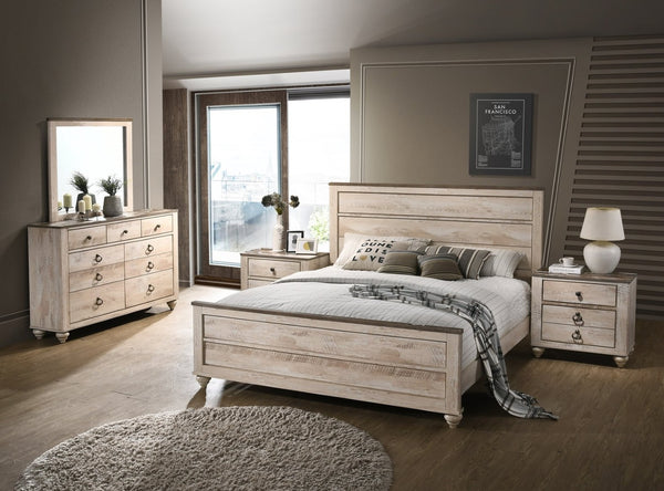 English Elm Imerland Solid Hardwood Queen Bedroom Set White Wash Rustic Finish with Bronze Pulls T2574P200210