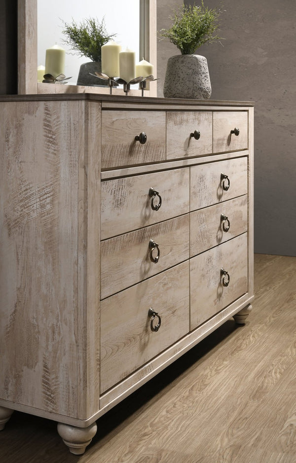 English Elm Imerland Solid Hardwood Queen Bedroom Set White Wash Rustic Finish with Bronze Pulls T2574P200210