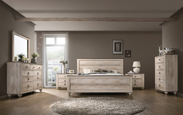 English Elm Imerland Rustic White Wash King Bedroom Set Solid Hardwood with Antique Bronze Pulls 6-piece Set with King Bed T2574P200211