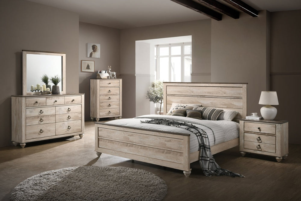 English Elm Imerland Whitewash Queen Bedroom Set with Dresser Mirror Nightstand and Chest T2574P201559
