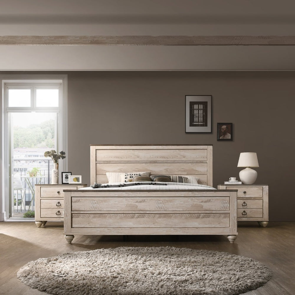 English Elm Imerland King Panel Bed Set Solid Hardwood White Wash Finish with Two Nightstands T2574P201560