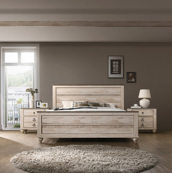 English Elm Imerland Rustic Queen Bedroom Set Solid Hardwood White Wash Finish with Two Nightstands T2574P201561