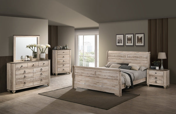 English Elm Imerland Rustic White Wash King Bedroom Set Solid Hardwood with Antique Bronze Pulls King Sleigh Bed Set T2574P201817