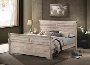 English Elm Imerland Rustic White Wash King Bedroom Set Solid Hardwood with Antique Bronze Pulls King Sleigh Bed Set T2574P201817