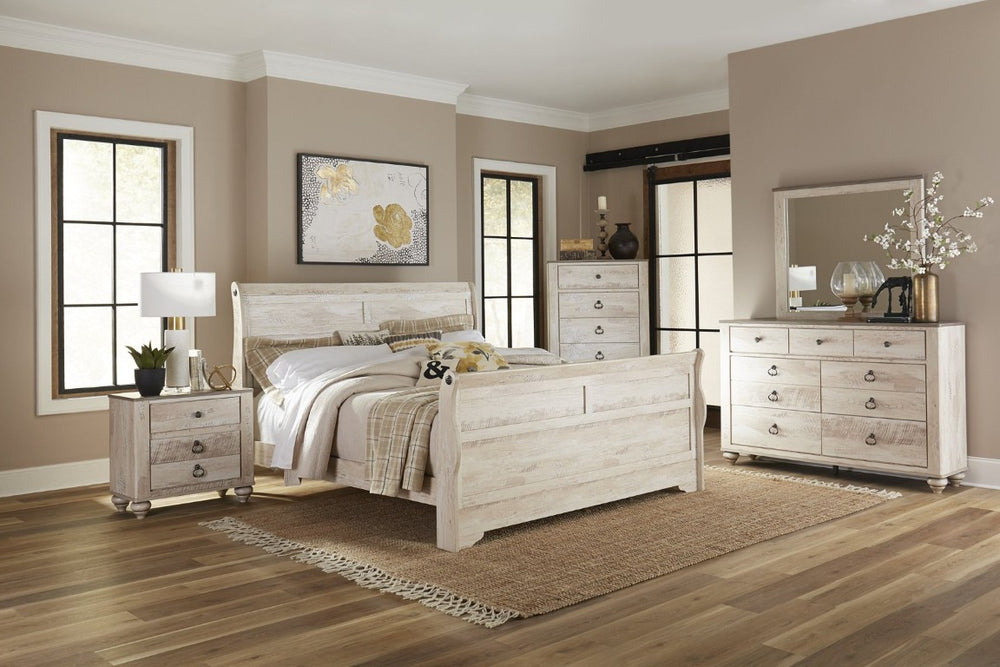 English Elm Imerland Shabby Chic Queen Sleigh Bed Six Piece Set Whitewash Hardwood Bedroom T2574P201818