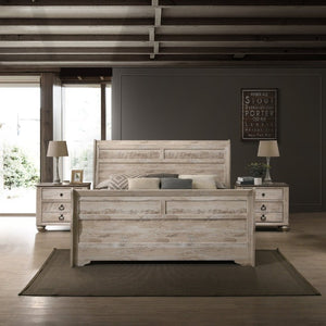 English Elm Imerland Shabby Chic Queen Sleigh Bed Set Solid Hardwood White Wash with Two Nightstands T2574P201972