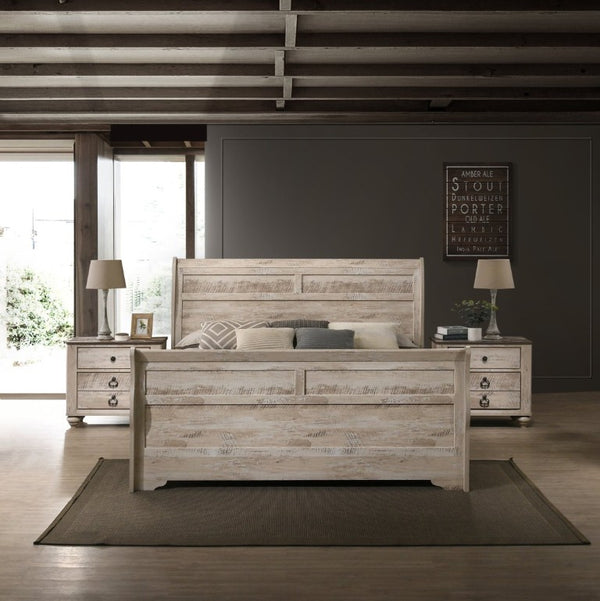English Elm Imerland Shabby Chic Queen Sleigh Bed Set Solid Hardwood White Wash with Two Nightstands T2574P201972