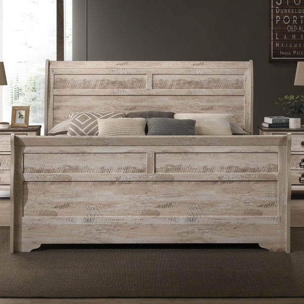 English Elm Imerland Shabby Chic Queen Sleigh Bed Set Solid Hardwood White Wash with Two Nightstands T2574P201972