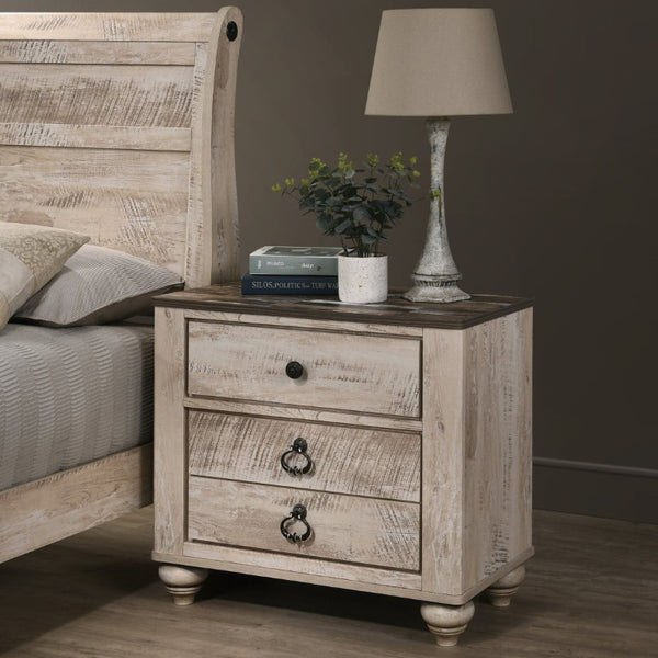 English Elm Imerland Shabby Chic Queen Sleigh Bed Set Solid Hardwood White Wash with Two Nightstands T2574P201972