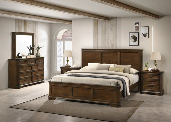 English Elm Maderne Queen Panel Bed Set with Antique Walnut Finish and Distressed Wood Grain Detail T2574P204903
