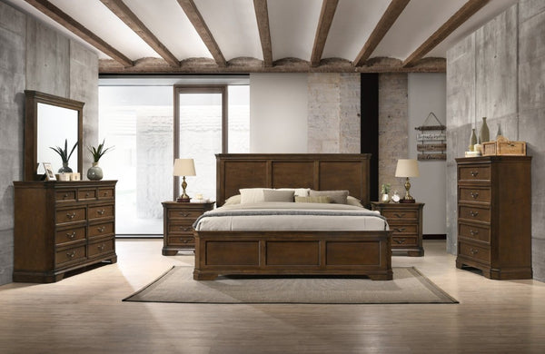 English Elm Maderne Antique Walnut Traditional Panel Queen Bedroom Set with Pewter Hardware T2574P204905