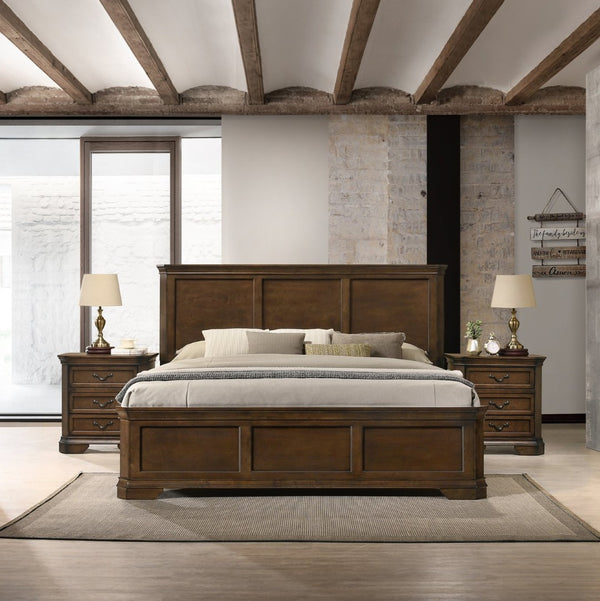 English Elm Maderne Solid Wood Queen Panel Bed Set Traditional Antique Walnut Finish with Nightstands T2574P204909