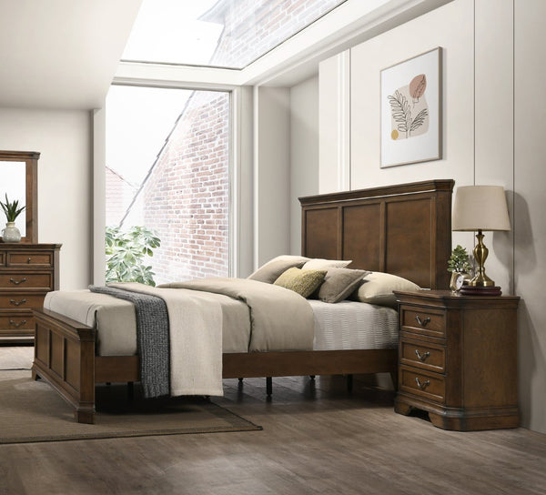 English Elm Maderne Solid Wood Queen Panel Bed Set Traditional Antique Walnut Finish with Nightstands T2574P204909