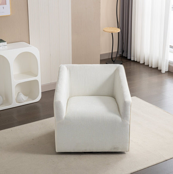 English Elm Nice Swivel Barrel Accent Chair Chenille Upholstered with Round Metal Base for Living Rooms White T2574P205966