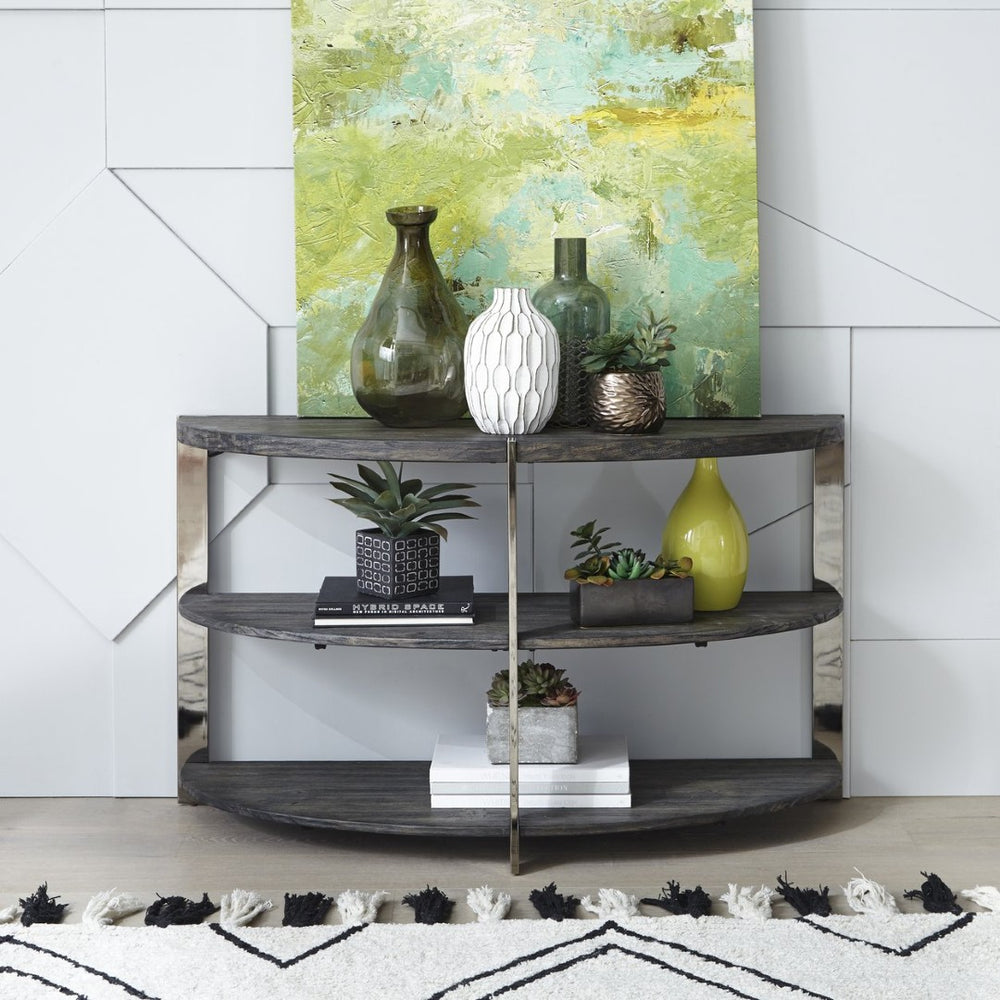 English Elm Kalne Half Moon Pine Console Table with Chrome Frame and Open Shelves for Entryways T2574P206302